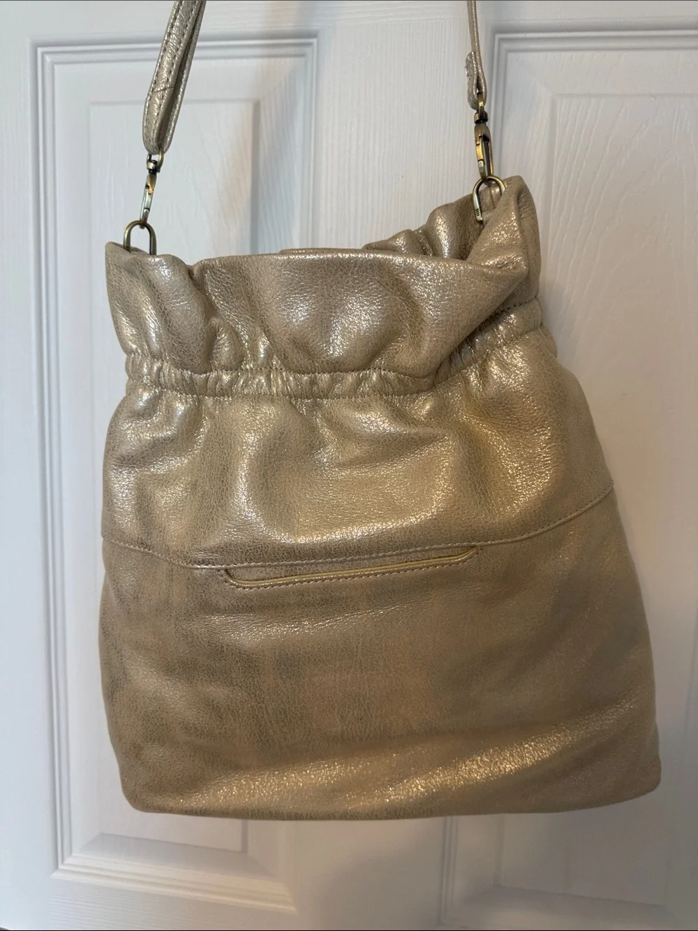 HOBO Metallic Gold Leather Drawstring Crossbody Bag + Dust Bag